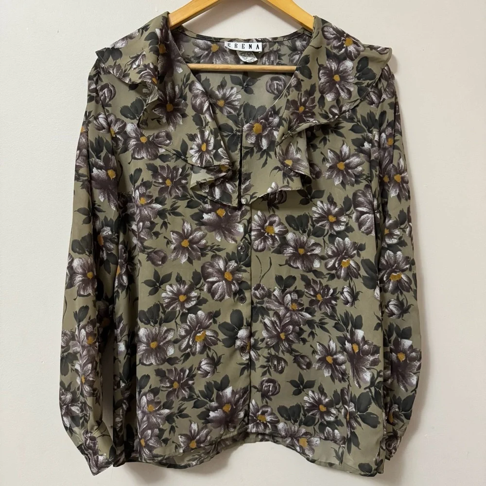 ERENA (size 12) vintage olive green purple Floral ruffle collar button up blouse